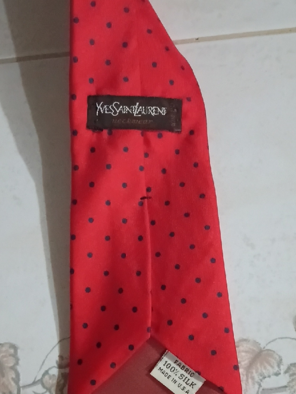 Yves Saint Laurent Red Silk Tie with Navy Polka Dots